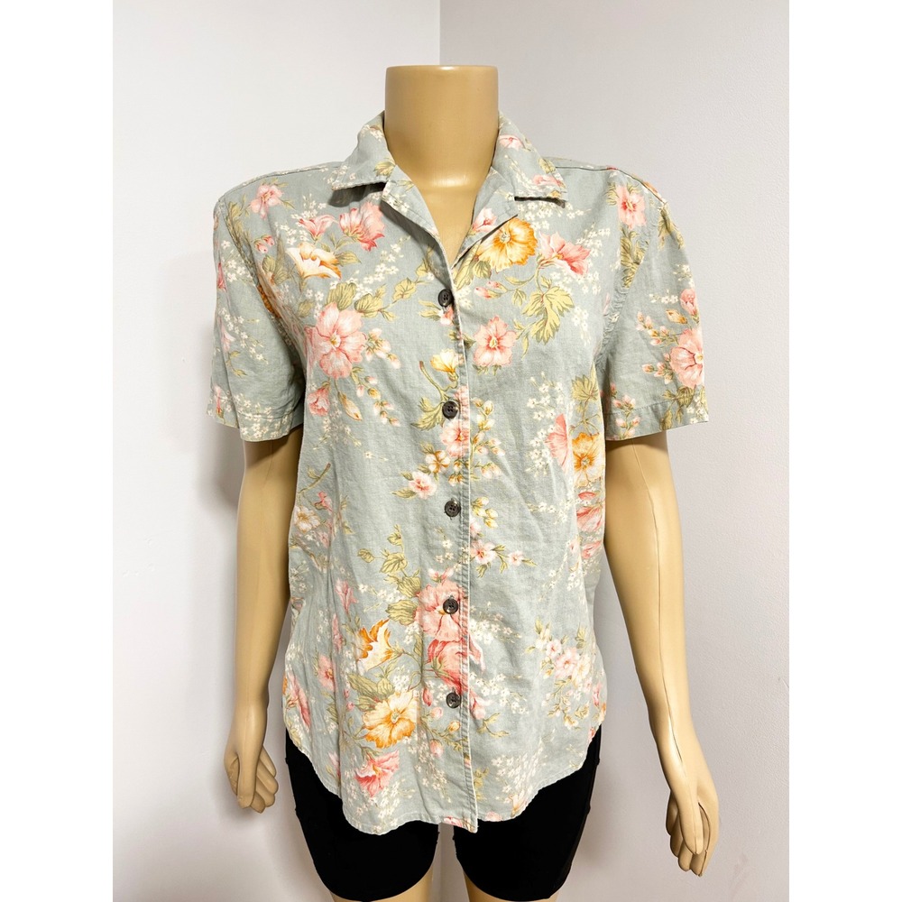 Jones New York Sport Linen Cotton Floral Button Down Shirt Sage Green Womens M